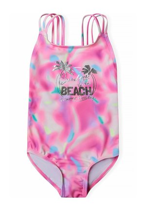 Maillot de bain une pièce rose avec un motif tourbillon multicolore, comportant un texte en argent métallique "Envoie-moi à la PLAGE" et des graphiques de palmiers.