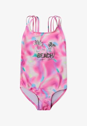 Maillot de bain une pièce rose avec un motif tourbillon multicolore, comportant un texte en argent métallique "Envoie-moi à la PLAGE" et des graphiques de palmiers.
