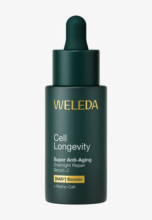 Flacon compte-gouttes vert foncé étiqueté "WELEDA Cell Longevity Super Anti-Aging Overnight Repair Serum [NAD+] Booster + Retino-Cell"