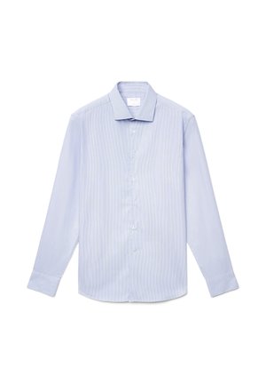 Hellblaues, langärmliges Hemd mit weißen vertikalen Streifen, klassischem Kragen und runden Manschetten, gefertigt aus einem glatten gewebten Stoff.