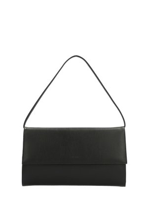 Schwarze rechteckige Lederschultertasche mit langem Einzelriemen und Klappverschluss.