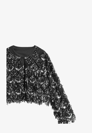 Veste noire courte dotée d'un design en sequins et franges, avec un col rond et une fermeture à boutons. Surface texturée avec des éléments réfléchissants.