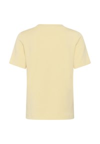 Schlichtes hellbeiges T-Shirt mit kurzen Ärmeln, Rückansicht, mit rundem Ausschnitt und geradem Saum.