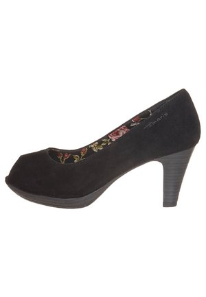 Black suede high-heeled pump with peep-toe design. Interior features floral pattern. Chunky textured heel provides stability.