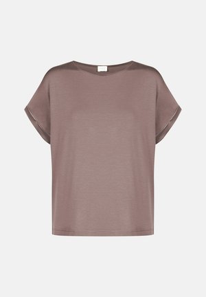 Losse, kortgebouwde top met korte mouwen in een stoffige mauve kleur, gemaakt van zachte, lichtgewicht stof; ronde halslijn; minimale stikseldetails bij de mouwen.