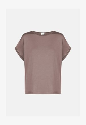 Haut à manches courtes ample en mauve poussiéreux, fabriqué en un tissu doux et léger ; encolure ronde ; finition minimaliste au niveau des manches.