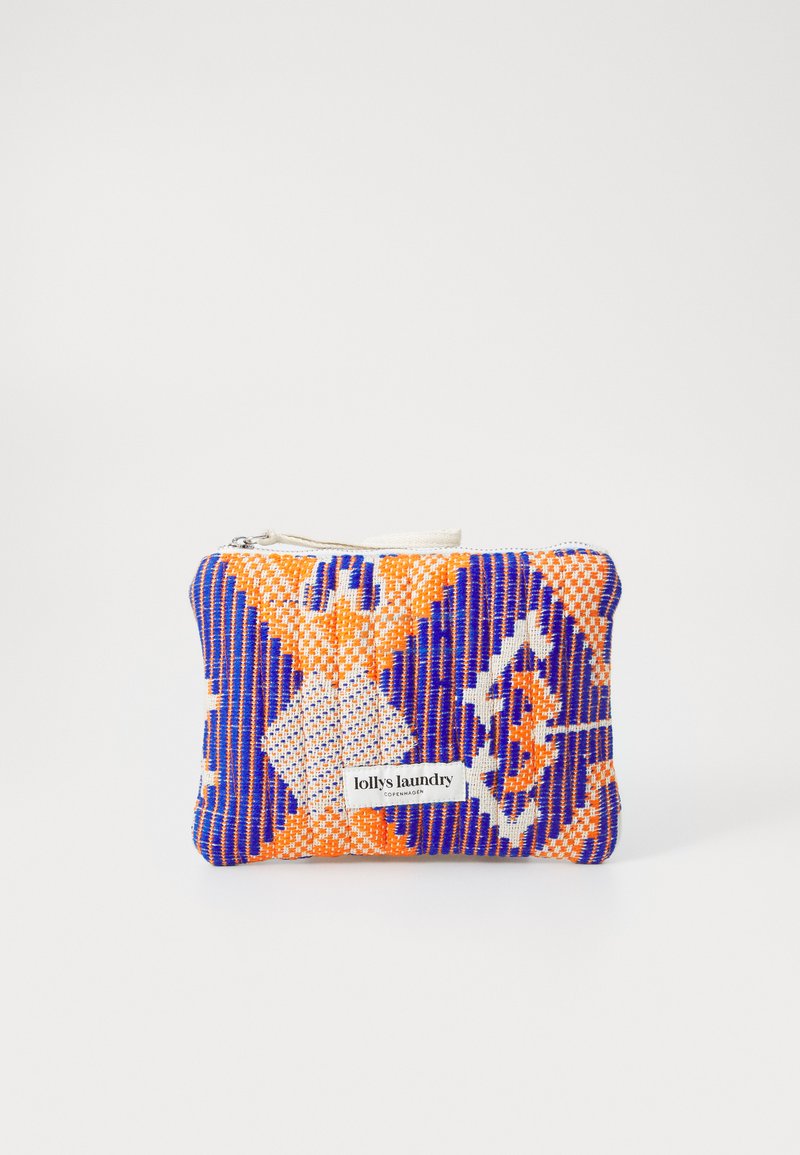 Beaded pouch in orange, purple, and white geometric pattern. Zipper closure with a cream-colored fabric handle. Brand label visible.