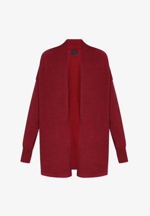 Burgundijski kardigan otvorenog prednjeg dijela, izrađen od pletene tkanine, s dugim rukavima i opuštenim krojem. Jednostavan, čisti dizajn bez uzoraka ili detalja.