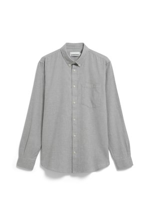 Light gray long-sleeve shirt made of woven fabric, featuring a button-down collar, chest pocket, and button front closure.