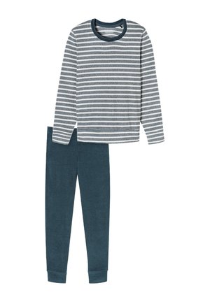 Maglia a maniche lunghe a righe in grigio e bianco, abbinata a pantaloni solidi blu scuro. Tessuto morbido, silhouette aderente e orli dei pantaloni con risvolto.