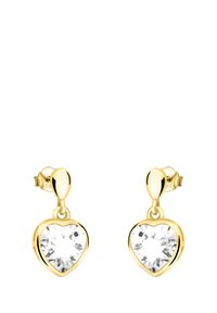 Guldörhängen i hjärtform med klara kristallkomponenter, fästa med en rund stift och fjärilsclasp för säker förslutning.