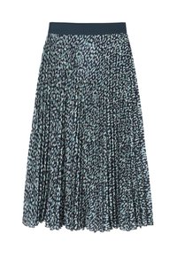Jupe plissée bleu marine avec un motif tacheté bleu clair et blanc. Caractérisée par une taille large et lisse ainsi qu'une texture de tissu fluide.