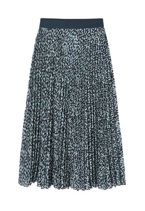Pleated skirt in dark navy with a light blue and white spotted pattern. Features a smooth, wide waistband and flowing fabric texture.