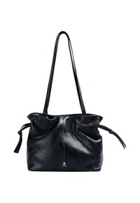 Zwarte tote bag gemaakt van textuurmaterialen met een trekkoordsluiting. Voorzien van twee lange handvatten en een klein logo-accent aan de voorkant.