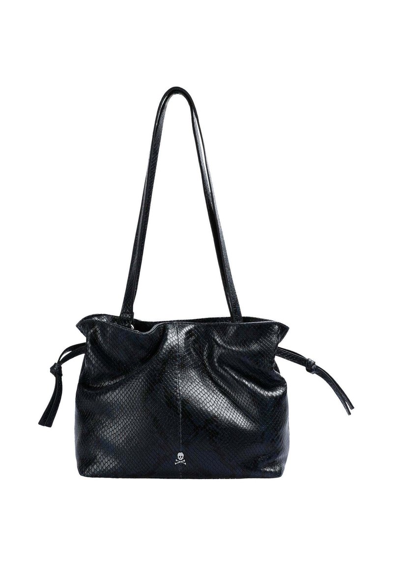 Zwarte tote bag gemaakt van textuurmaterialen met een trekkoordsluiting. Voorzien van twee lange handvatten en een klein logo-accent aan de voorkant.