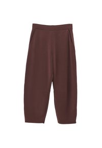 Bruine, wijde broek van zacht, textuurstof. Voorzien van zijzakken en een gladde, elastische tailleband. Verkorte lengte.