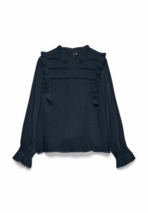 Navy blue long-sleeve blouse with ruffled accents and lace detailing on the chest. Features a loose fit and cuffed sleeves.