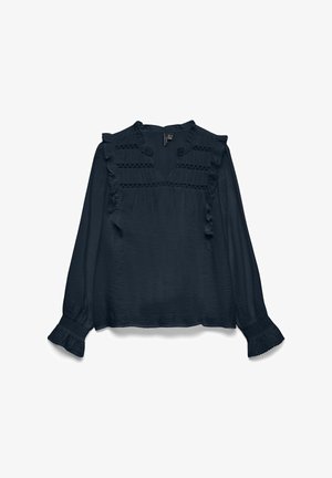Temno modra bluzica z dolgimi rokavi z nabranimi detajli in čipkastim okrasom na prsih. Ima ohlapen kroj in manšete na rokavih.