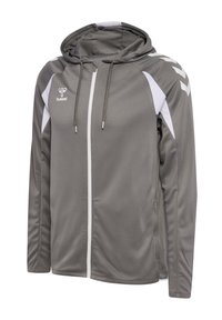 Graue Kapuzenjacke mit durchgehendem Reißverschluss, weißen Akzenten, mit Mesh gefütterter Kapuze, Kordelzug und Hummel-Logo auf der Brust sowie Chevron-Muster an den Ärmeln.