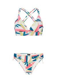 Ensemble de bikini coloré avec un motif abstrait multicolore. Le haut présente des bretelles croisées ; le bas possède des liens ajustables sur les côtés. Fabriqué en tissu de maillot de bain.