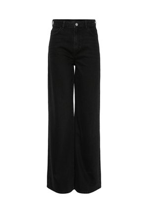 Platas kāju melnas denima bikses ar augstu vidukli, piecu kabatu dizainu un sudraba aksesuāriem. Audumam ir gluda, nedaudz teksturēta virsma.