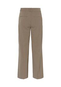 Pantaloni bej cu picior drept, talie înaltă, bucle pentru curea și două buzunare la spate, prezentați din spate pe un fundal alb.