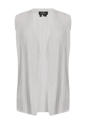 Mouwloos lichtgrijs geribd gebreid vest met open voorkant en V-hals, gelabeld maat XS/S door het merk usha.