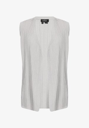 Mouwloos lichtgrijs geribd gebreid vest met open voorkant en V-hals, gelabeld maat XS/S door het merk usha.
