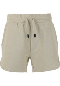 Ljusbeige bomullsshorts med elastisk midja och dragsko, med två sidofickor och en liten logotyp vid fållen.