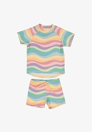 Two-piece swim set featuring a short-sleeve top and swim shorts. Material is smooth; design includes pastel wave patterns in yellow, pink, and green.