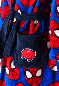 Red and blue fleece robe with Spider-Man pattern, featuring a navy belt and pocket decorated with a red crab emblem. Soft texture.