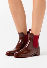 Botas de tobillo de goma brillantes en color marrón con paneles laterales elásticos rojos y tacón pequeño. Cuentan con una asa en la parte trasera para facilitar su uso.