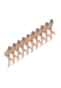 Dodici paia di collant in nylon beige esposti in diagonale, con le gambe incrociate al ginocchio su uno sfondo bianco.