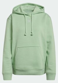 Grön huooded sweatshirt med känguruficka, ribbade cuffs och en broderad logotyp. Mjuk tyg med slät textur.