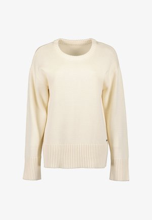 Maglione color crema realizzato in tessuto a maglia texture, con scollatura rotonda e polsini e orlo a costine per una vestibilità comoda.