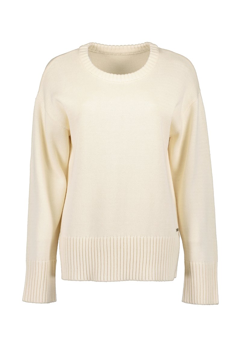 Cremfarbener Pullover aus strukturiertem Strickstoff, mit rundem Halsausschnitt und gerippten Bündchen und Saum für einen lässigen Sitz.