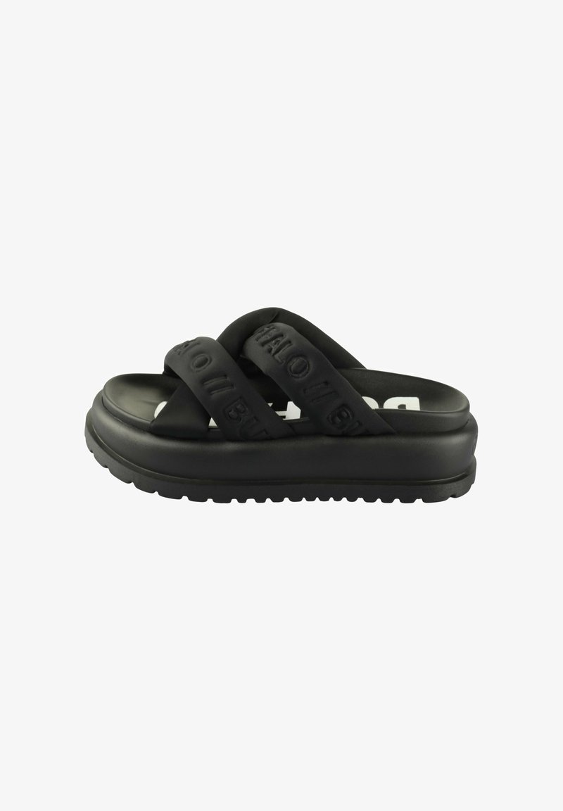 Sandali platform neri con due spesse cinghie incrociate con marchio in rilievo, suola texturizzata per una migliore aderenza e design minimalista.
