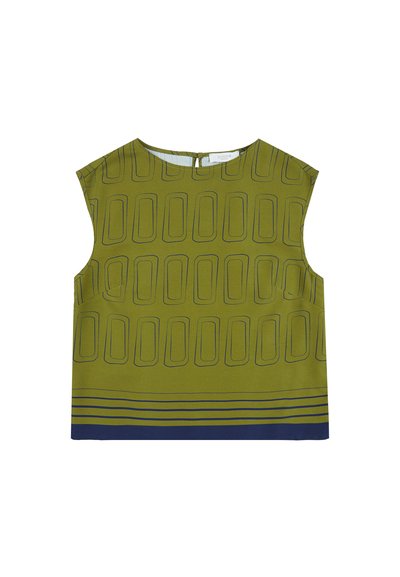 Top verde senza maniche con un motivo a rettangoli contornati, una striscia orizzontale blu scuro all'orlo e una chiusura a bottone sul retro.