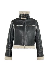 Zwart leren cropped jack met een schapenvacht kraag en voering. Voorzien van een centrale rits, twee gesps op de kraag en contrasterende witte stiksels.