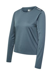 Grå atletisk trøje med lange ærmer, rund halsudskæring, struktureret stof og lille hvid "hummel"-logo på højre skulder.