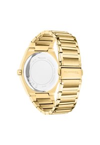 Gold Edelstahl-Achtkante-Uhr mit einem verknüpften Armband. Verfügt über einen silbernen Gehäuseboden mit gravierten Details. Wasserdicht bis 3 ATM.