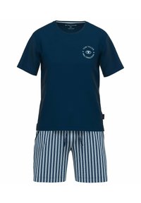 Marineblaues Baumwoll-T-Shirt mit einem kreisförmigen Logo auf der Brust, kombiniert mit gestreiften Shorts in Blau und Weiß. Die Shorts haben einen elastischen Bund.