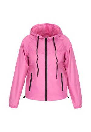 Roze waterdichte jack met capuchon, zwarte rits en trekkoorden. Beschikt over twee zijzakken en elastische manchetten. Soepel, lichtgewicht materiaal.