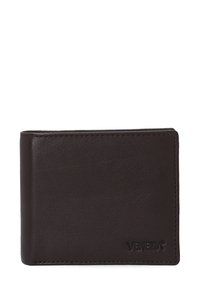 Hnědá kožená peněženka s hladkým povrchem, skládací design a embosovaným detailem loga. Kompaktní tvar pro snadné ukládání a přístupnost.