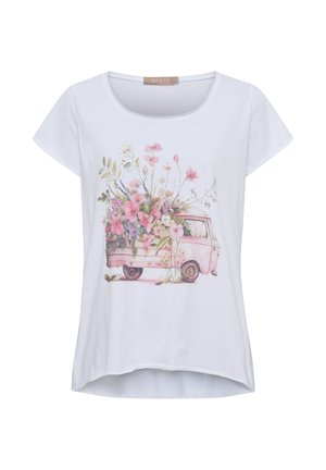 Hvid kortærmet skjorte med en pink vintage lastbil, der bærer en farverig buket blomster foran.