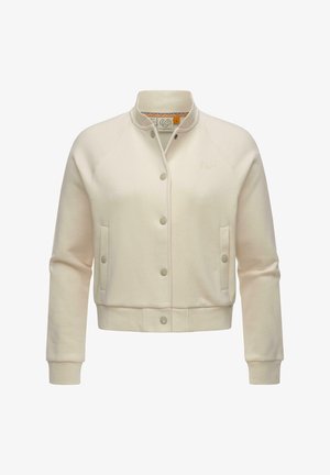 Giacca bomber color crema a maniche lunghe con bottoni a pressione, polsini a coste, colletto, orlo e tasche laterali, con piccolo logo ricamato sul petto.