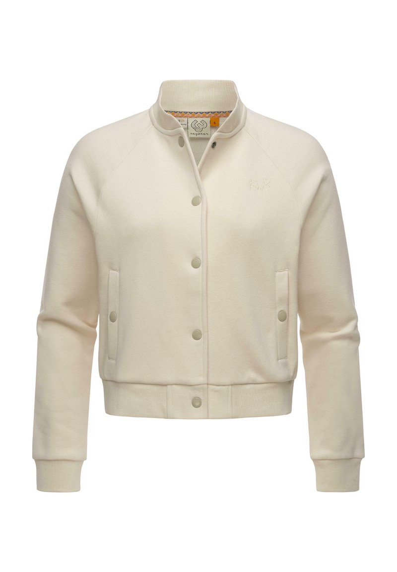 Veste bomber crème, à manches longues, avec des boutons-pression, des poignets côtelés, un col, un ourlet et des poches latérales, ornée d'un logo brodé subtil sur la poitrine.