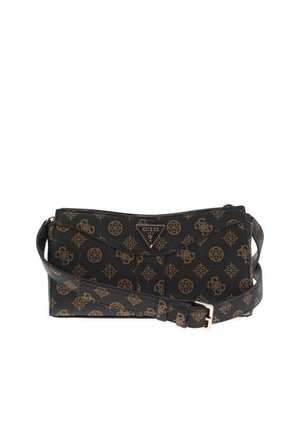Sac synthétique noir présentant un motif en relief de logos et de designs. Bandoulière ajustable et matériel en métal avec un logo triangulaire à l'avant.