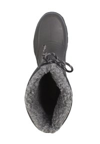 Zwarte waterdichte laars met een grijze fleece voering, ronde neus en zwarte veters die door een bovenopening zijn geregen. Getextureerde zool voor grip.