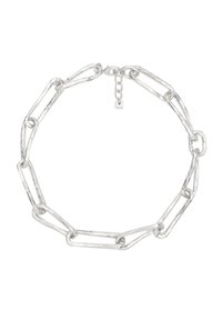 Sølv kæde halskæde med sammenkoblede, aflange ovale former. Har en tekstureret finish og en lille lukning med et brandet tag.